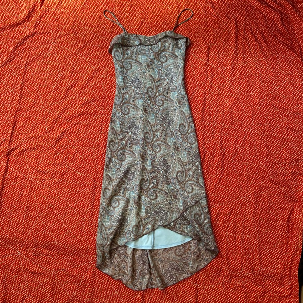 Byer Too Vintage Paisley High Low Spaghetti Strap Ruffle Dress Blue Brown